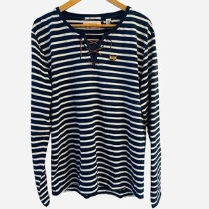 Scotch & Soda Navy and White Striped Lace-Up Long Sleeve Tee